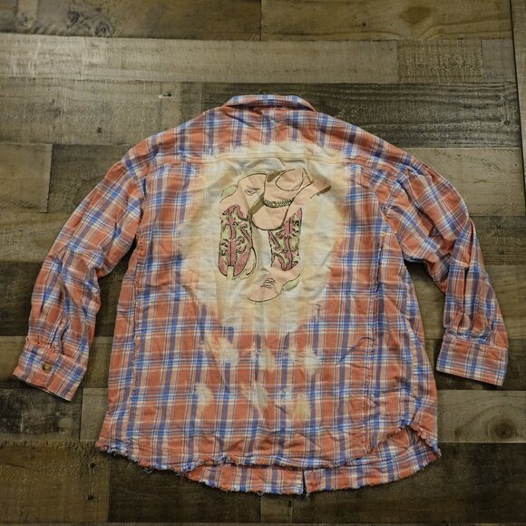 Blue B Collection Plaid Flannel Shirt L – Western Graphic Back, Distressed Hem - Picture 10 of 11